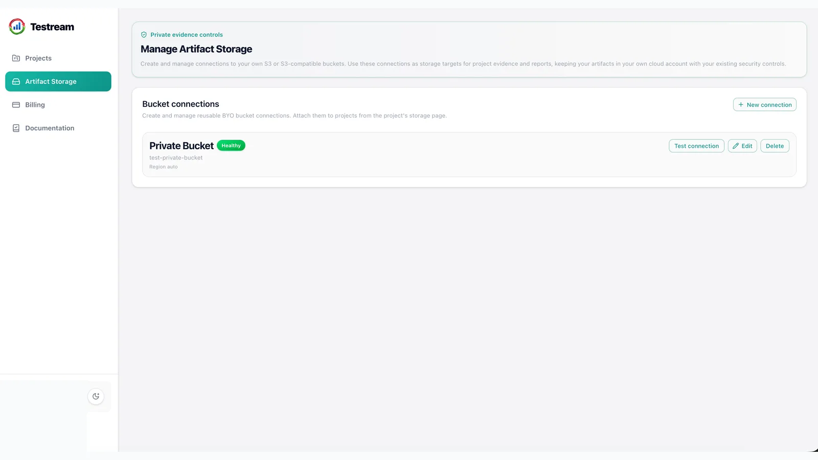 BYO artifact storage controls in Testream