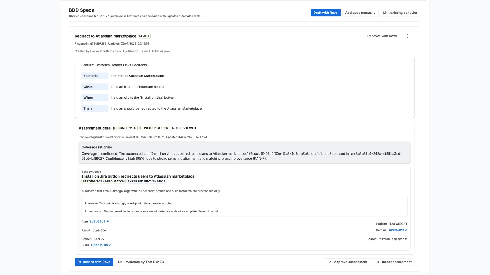BDD Specs with Rovo shown in Testream