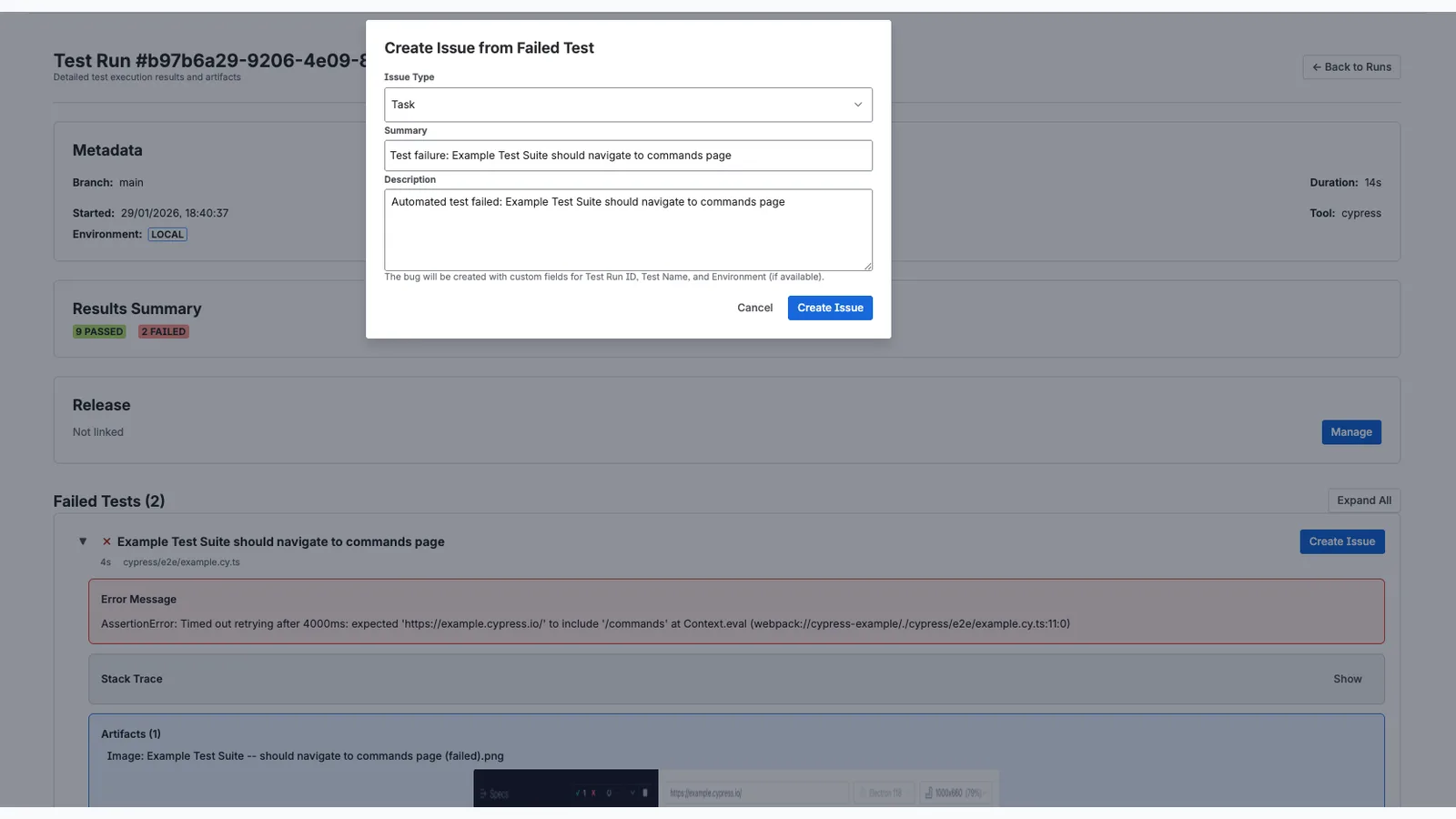 Jira issue creation from a failed test in Testream
