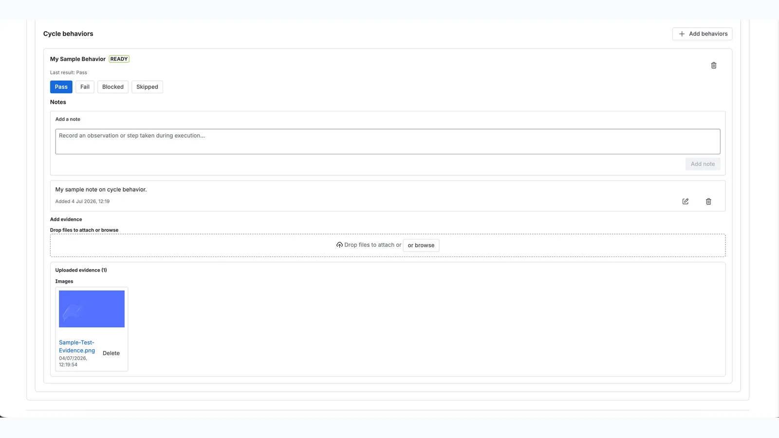 Test Cycles and manual evidence in Testream