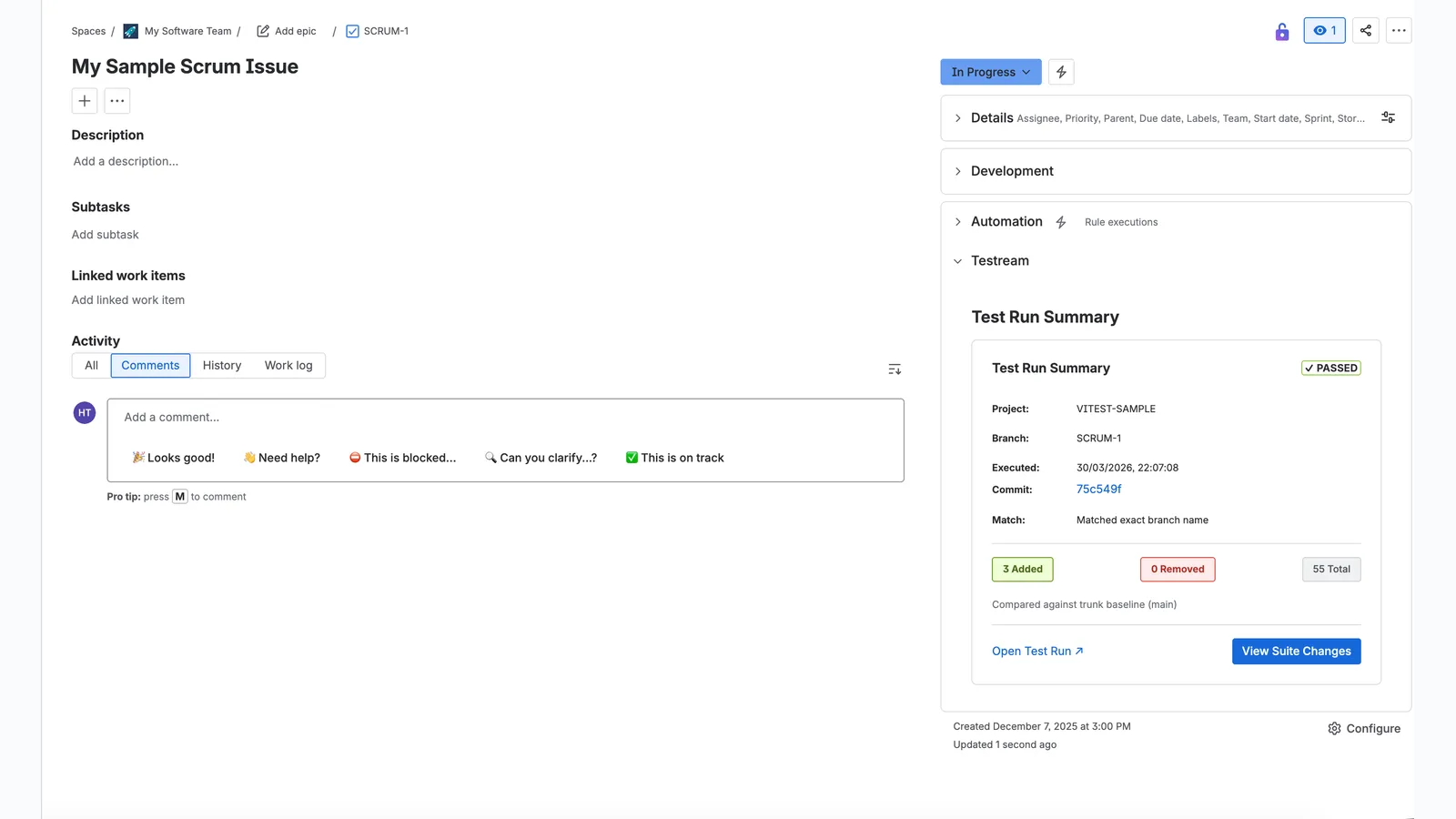 Jira issue run summaries shown in Testream