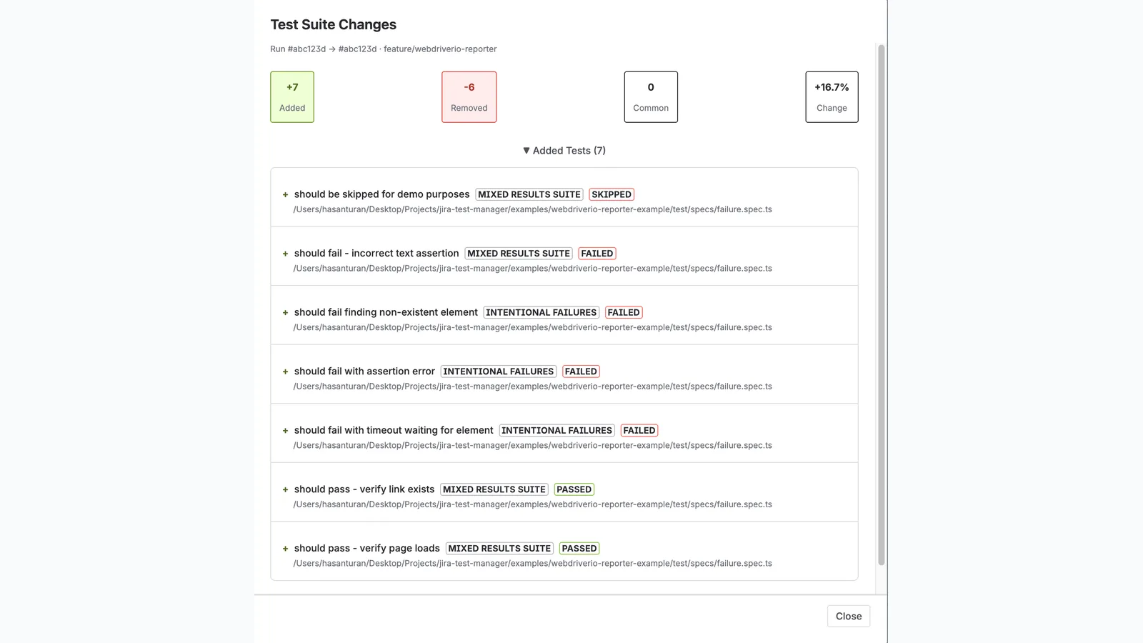 Test case diffs in Testream