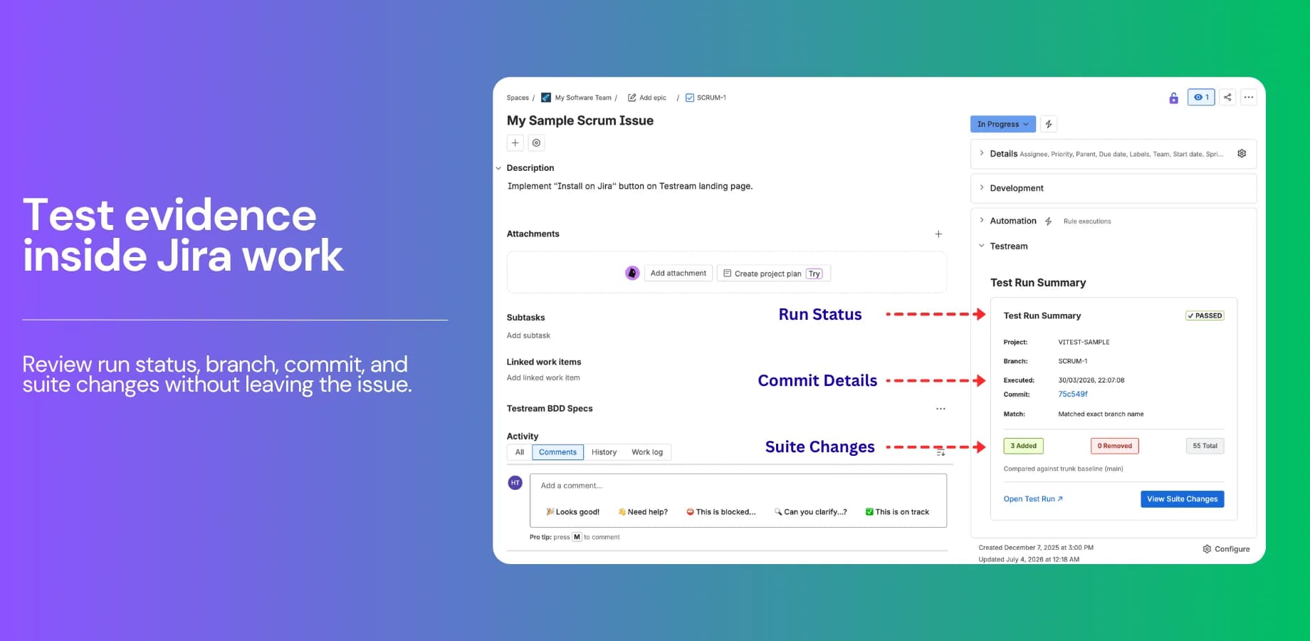 Jira issue run summary with branch and suite changes